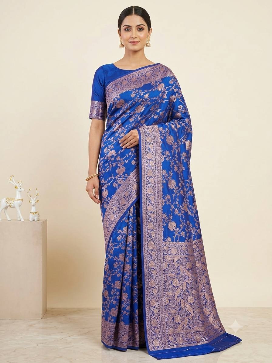 Kanjivaram Soft Silk Blue Color Saree with Gold Zari Main image
