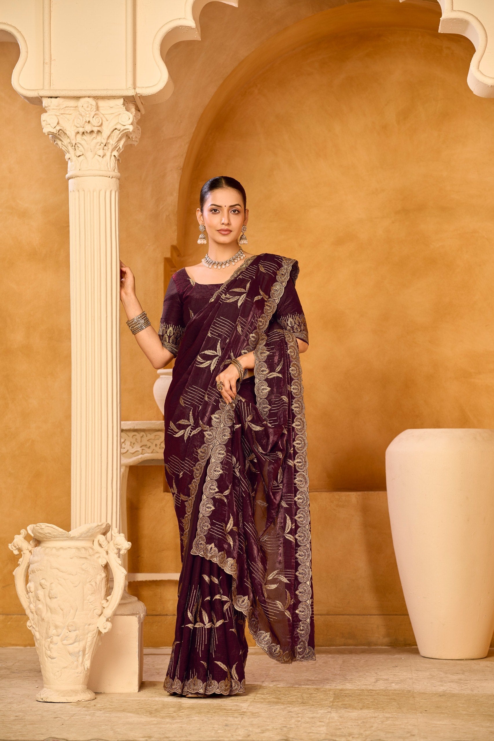 Satin Silk Saree with Double Crystal Embellishments
