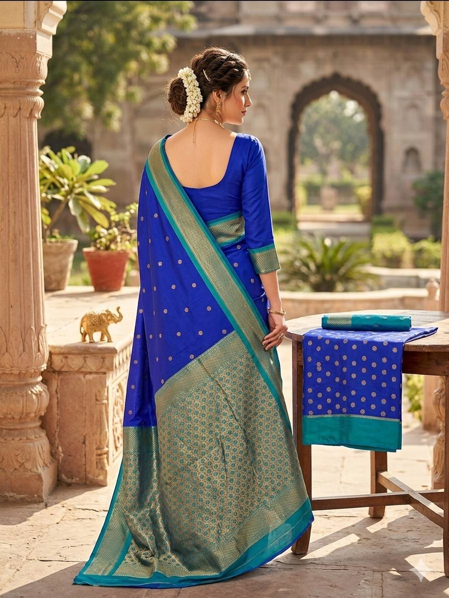 Kanjivaram Soft Silk  Gold Zari Weaving Blue Saree