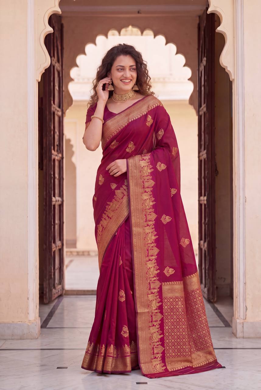 Wedding Celebrations Maroon Color Banarasi Saree