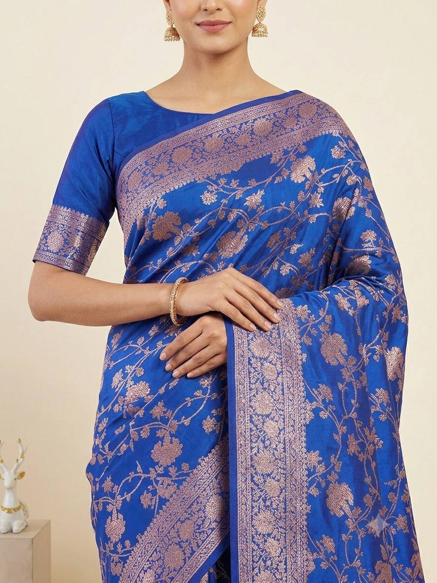 Kanjivaram Soft Silk Blue Color Saree with Gold Zari