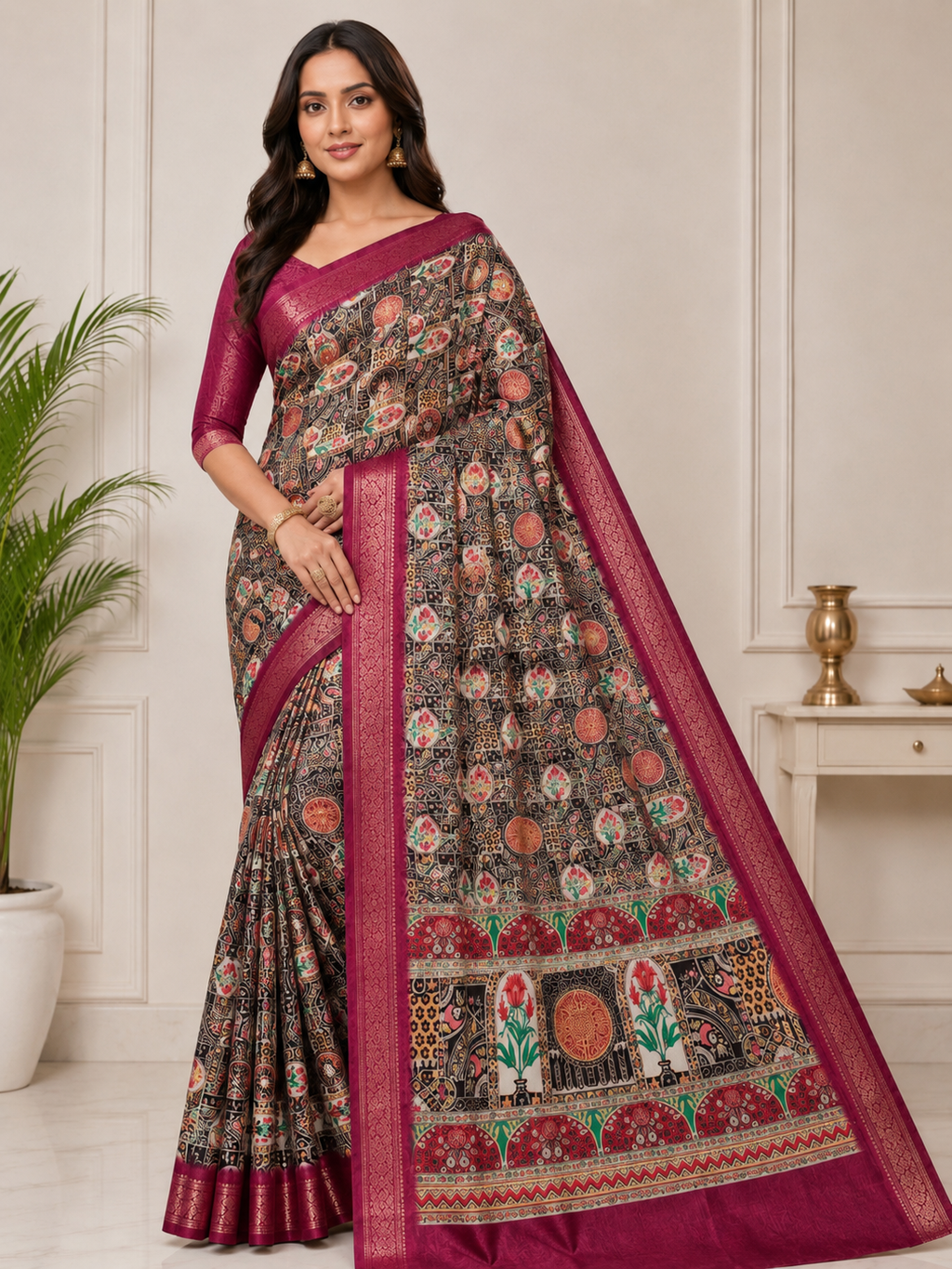 Kalamkari Silk Blend Saree with Zari Border