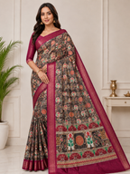 Kalamkari Silk Blend Saree with Zari Border