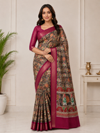 Kalamkari Silk Blend Saree with Zari Border