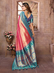 Outstanding Banarasi Tissue Silk Pink And Blue Color Saree