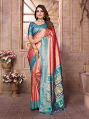 Outstanding Banarasi Tissue Silk Pink And Blue Color Saree