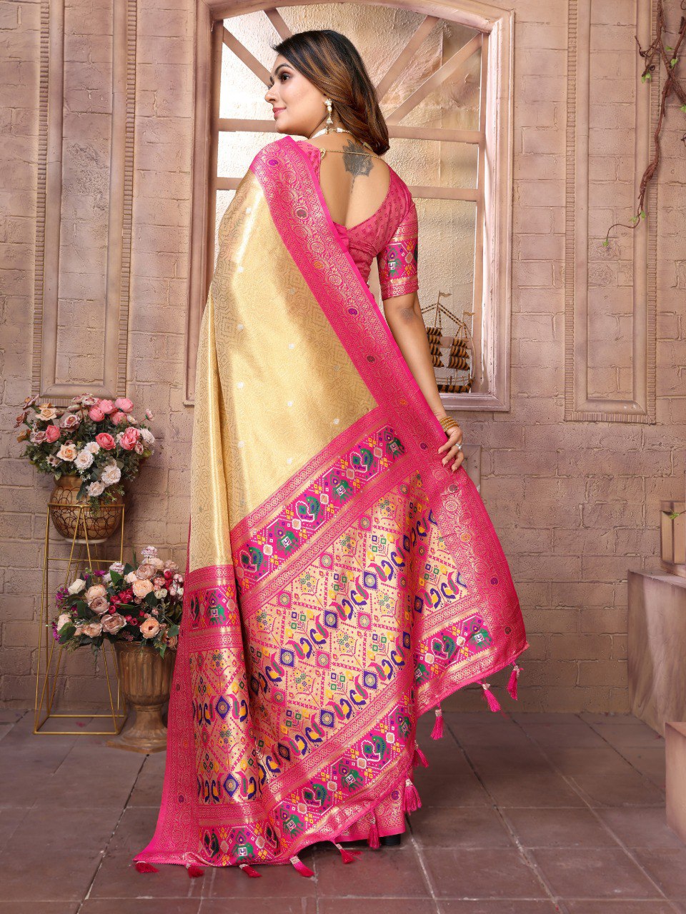 Outstanding Banarasi Tissue Silk Pink And Golden Color Saree