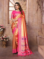 Outstanding Banarasi Tissue Silk Pink And Orange Color Saree