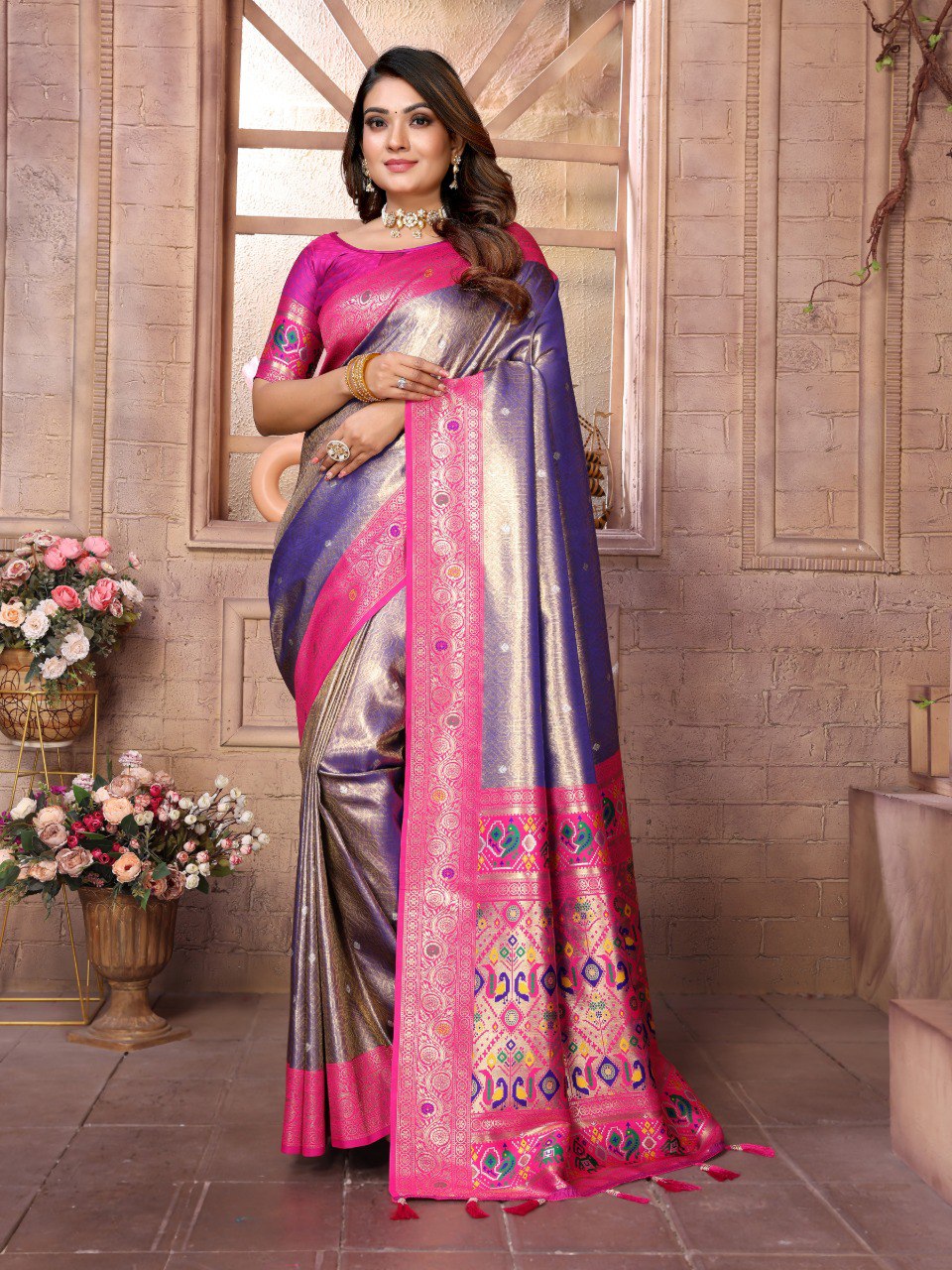 Outstanding Banarasi Tissue Silk Purple And Pink Color Saree