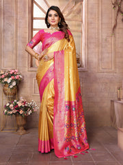 Outstanding Banarasi Tissue Silk Yellow And Pink Color Saree