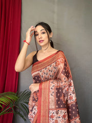 Festive Wear Cotton Kashmiri Digital Print Red Color Saree