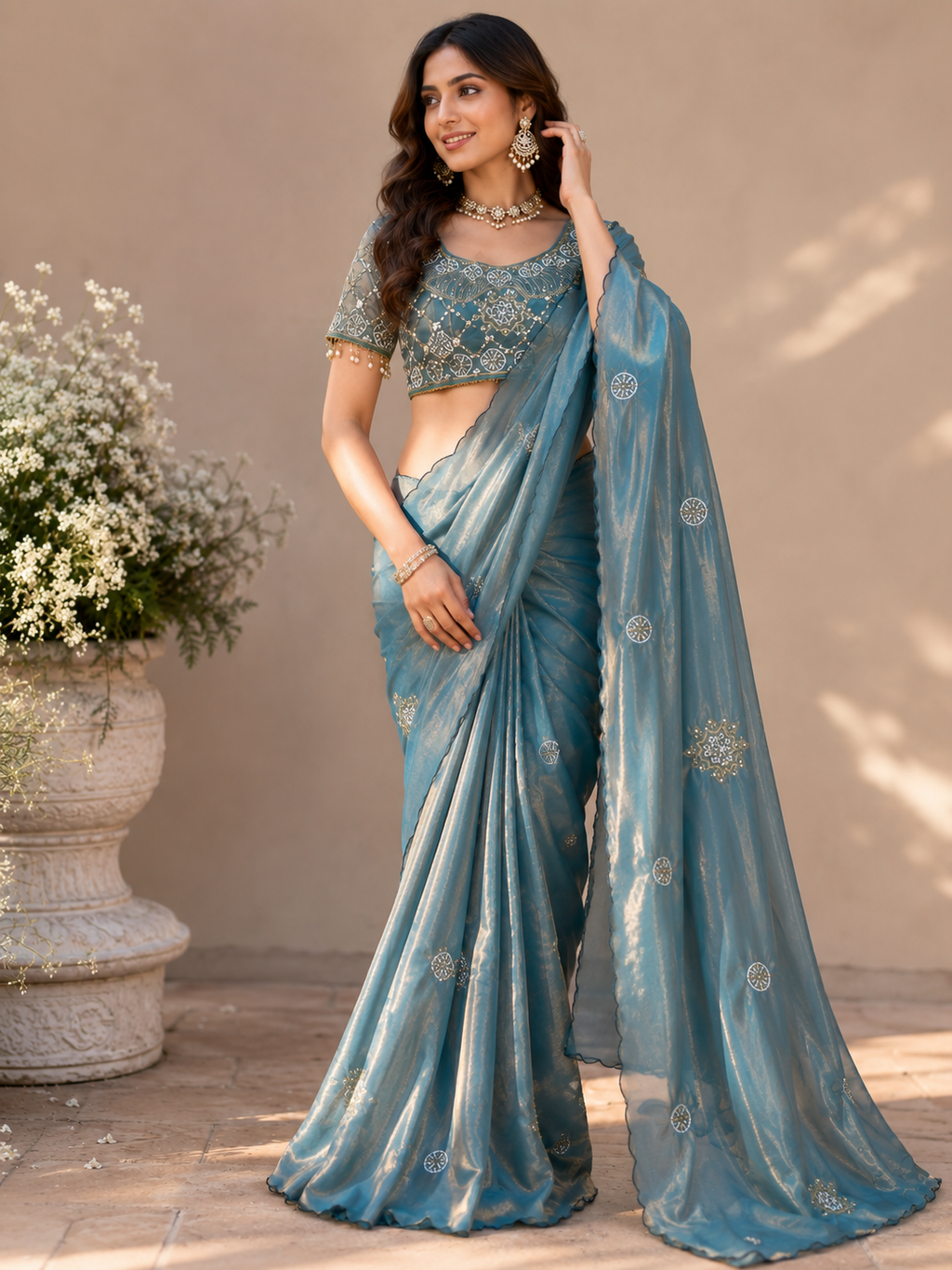 Fandy Satin Silk Handwork Saree with Stitched Blouse