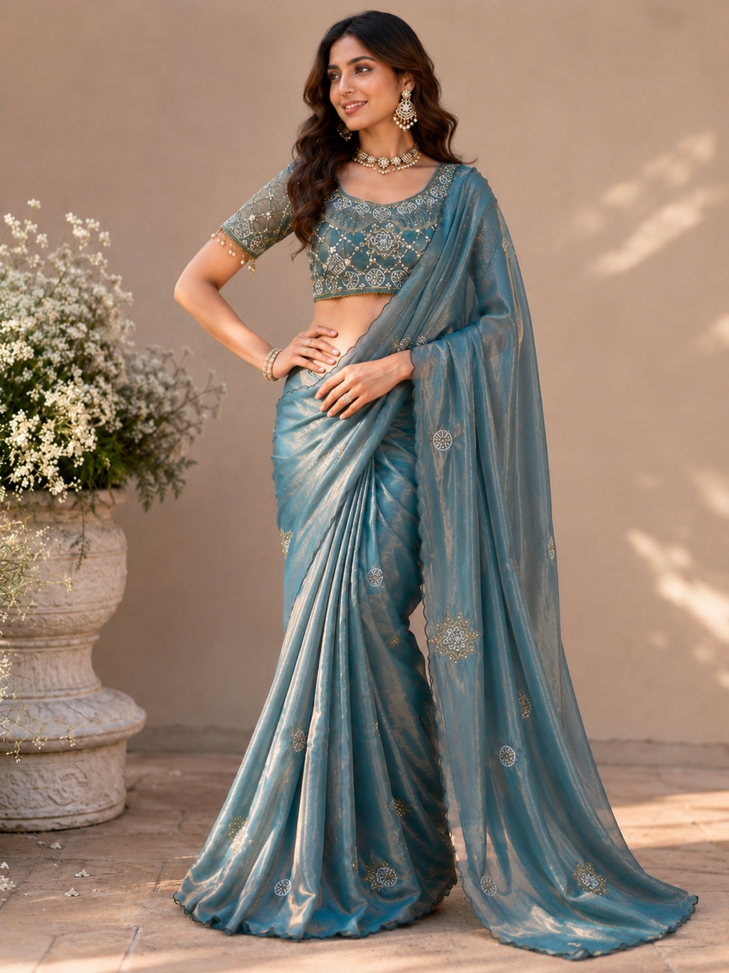 Fandy Satin Silk Handwork Saree with Stitched Blouse