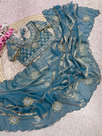 Fandy Satin Silk Handwork Saree with Stitched Blouse
