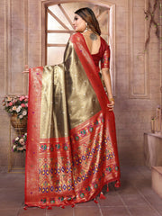 Outstanding Banarasi Tissue Silk Mehndi And Red Color Saree