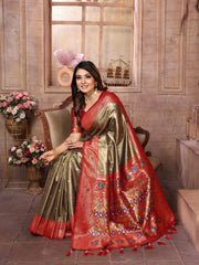 Outstanding Banarasi Tissue Silk Mehndi And Red Color Saree