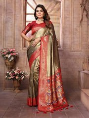 Outstanding Banarasi Tissue Silk Mehndi And Red Color Saree