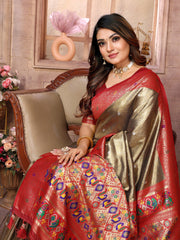 Outstanding Banarasi Tissue Silk Mehndi And Red Color Saree