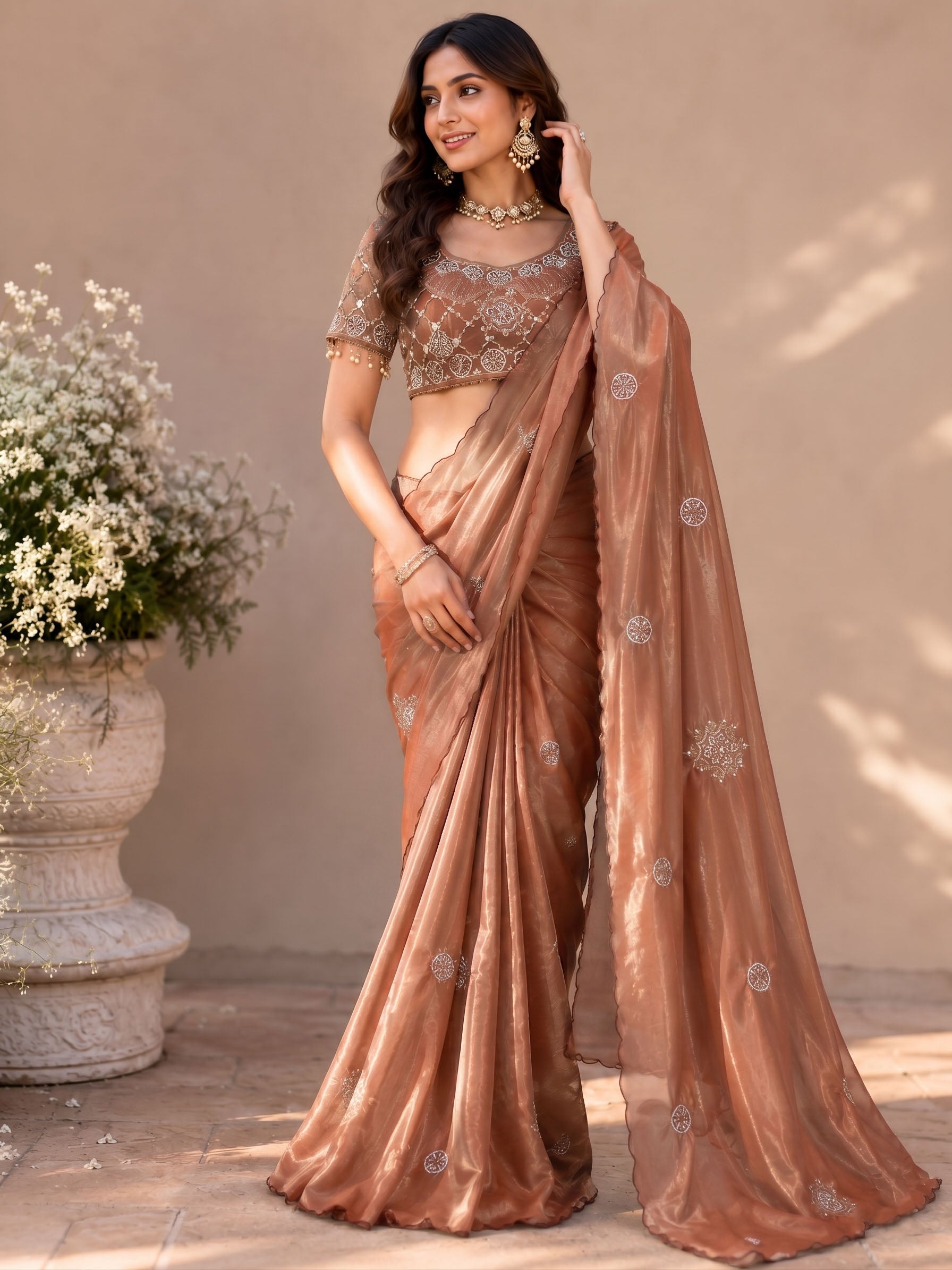 Fandy Satin Silk Handwork Saree with Stitched Blouse