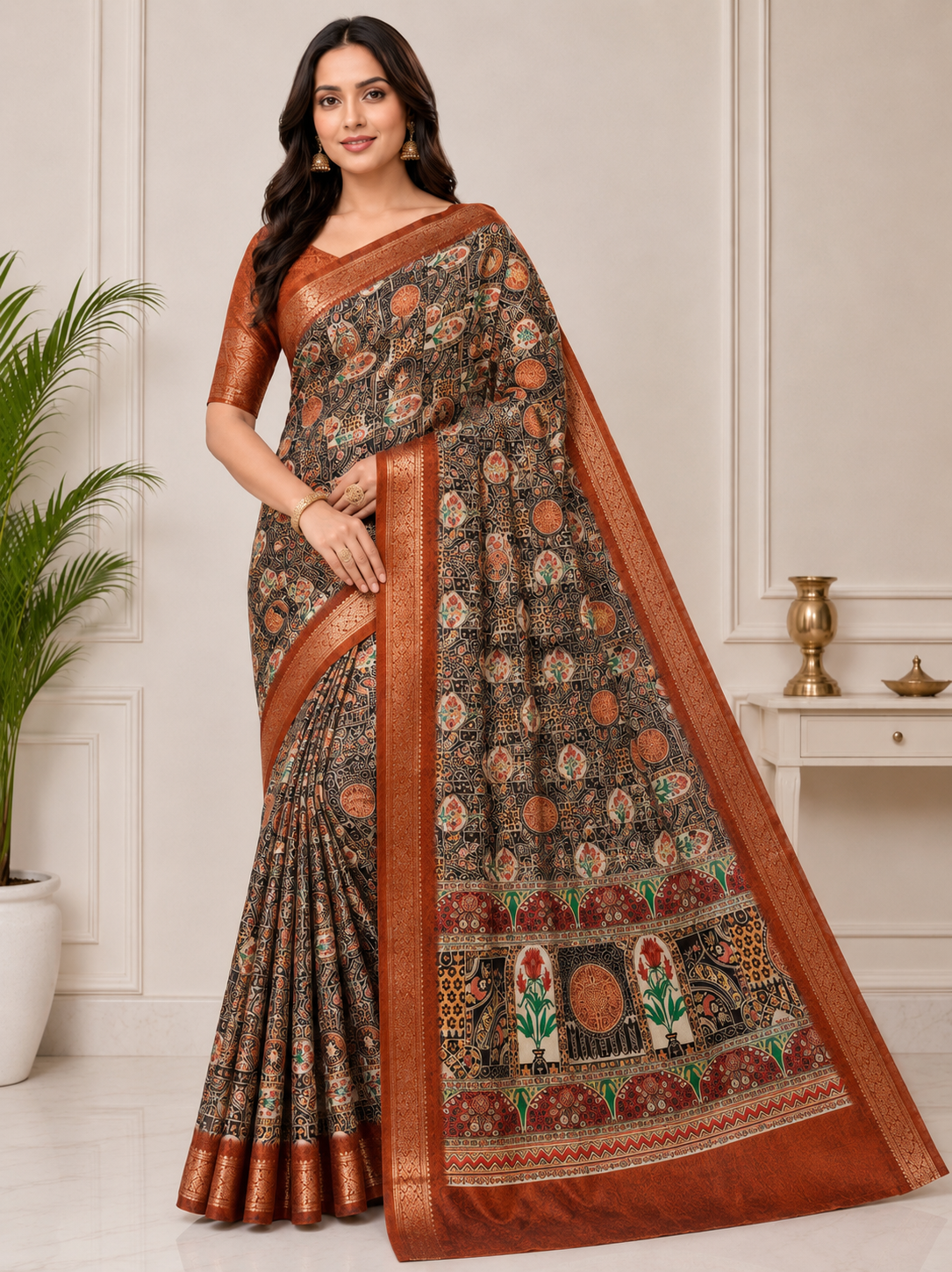 Kalamkari Silk Blend Saree with Zari Border