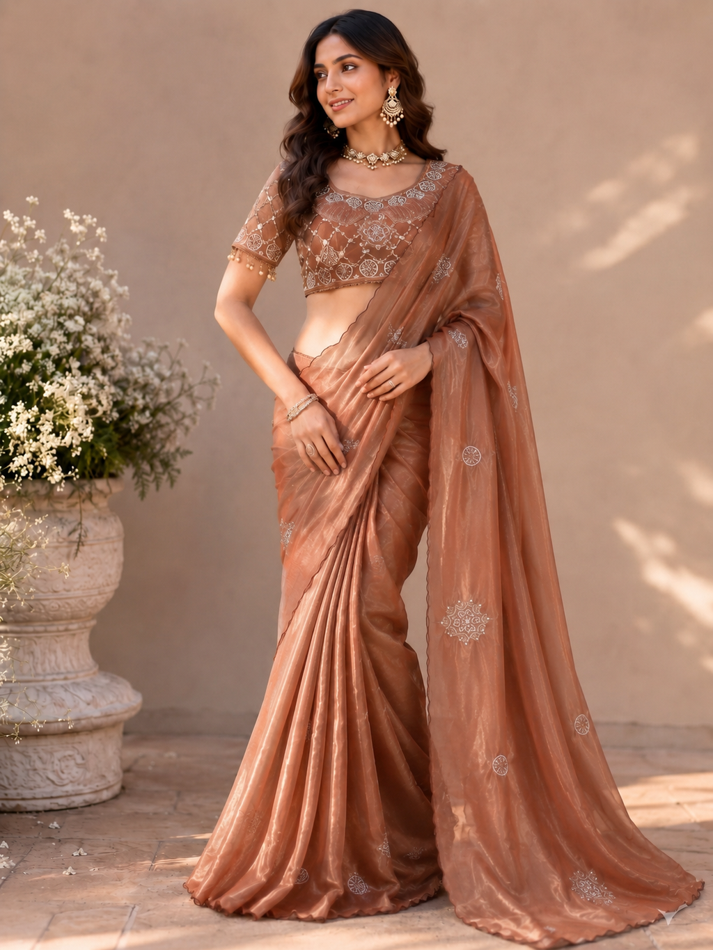 Fandy Satin Silk Handwork Saree with Stitched Blouse