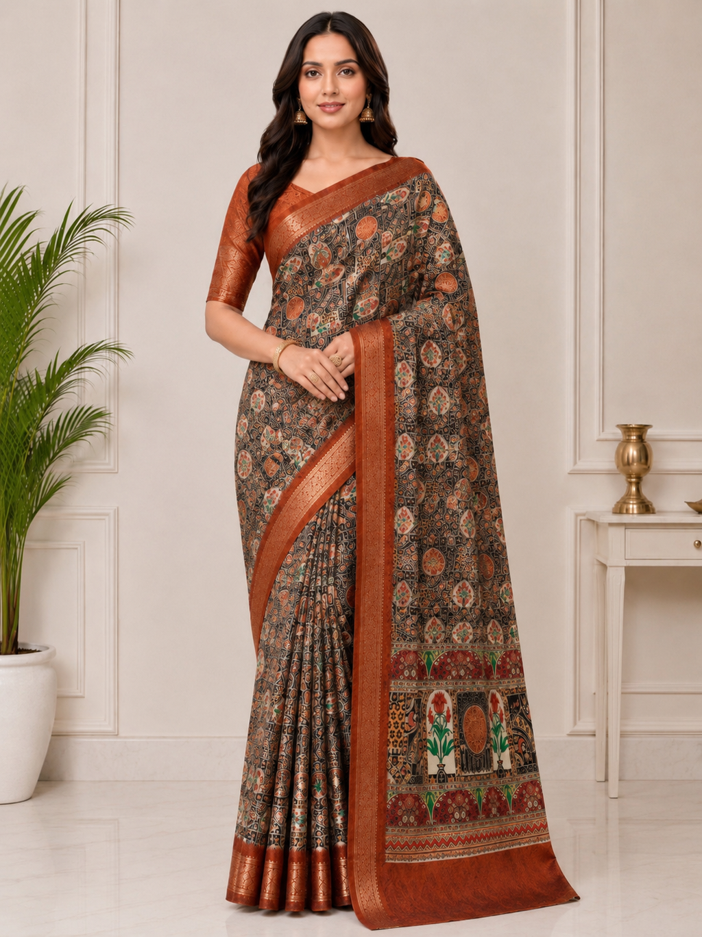 Kalamkari Silk Blend Saree with Zari Border