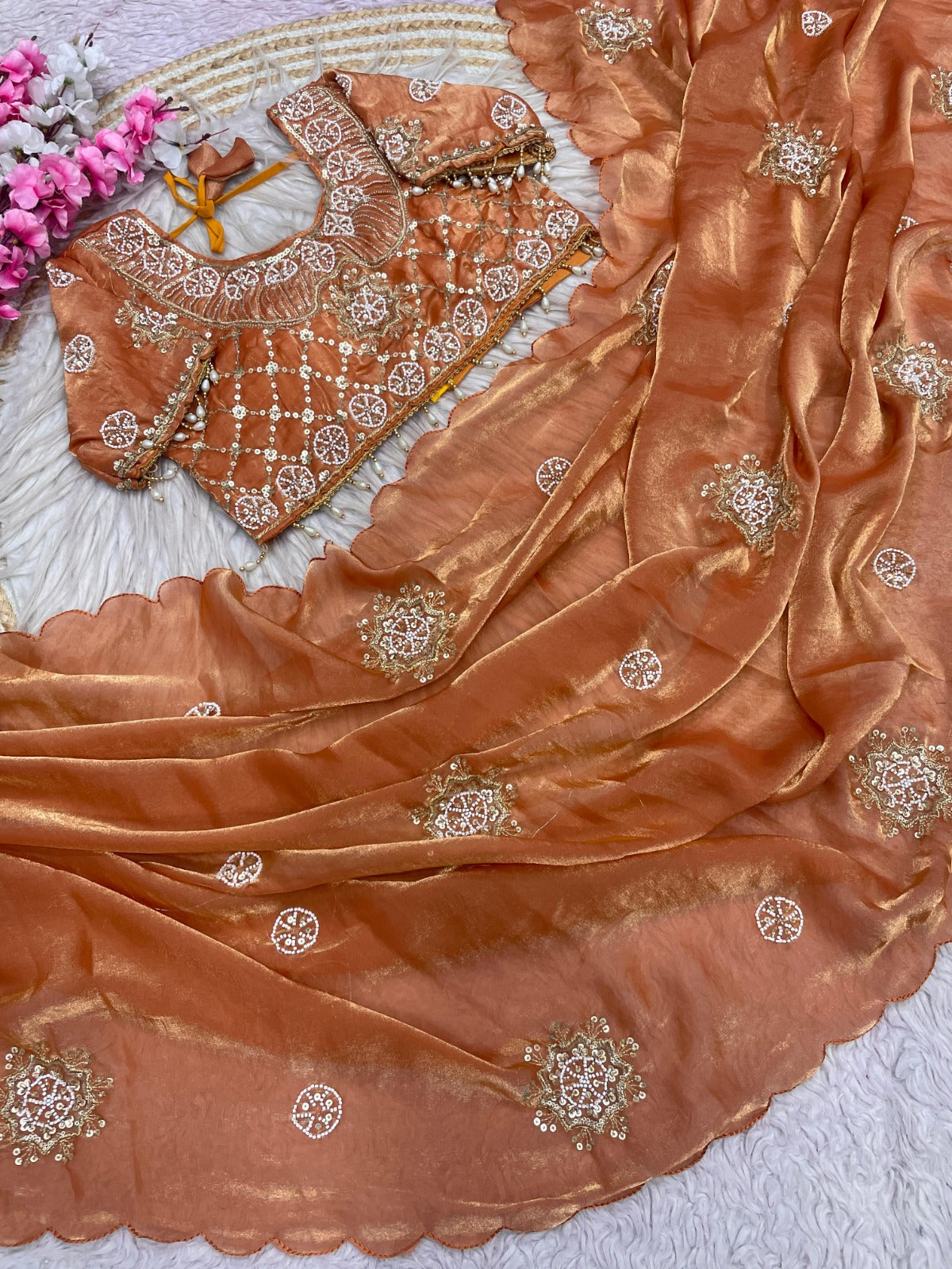 Fandy Satin Silk Handwork Saree with Stitched Blouse