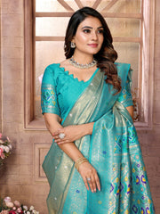 Outstanding Banarasi Tissue Silk Pista And Sky Color Saree