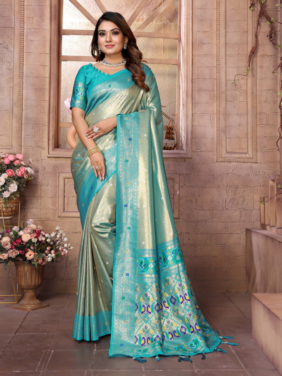 Outstanding Banarasi Tissue Silk Pista And Sky Color Saree