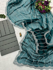 Fantastic Embroidery Zari Work Teal Blue Color Saree