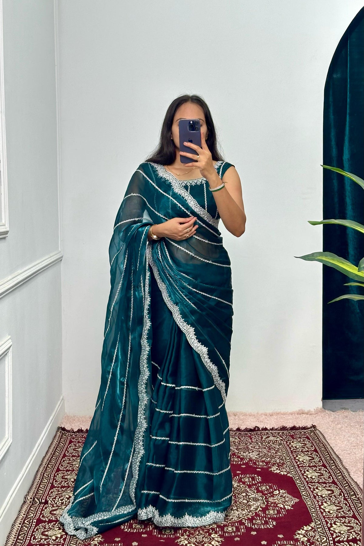 Fantastic Embroidery Zari Work Teal Blue Color Saree