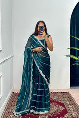 Fantastic Embroidery Zari Work Teal Blue Color Saree