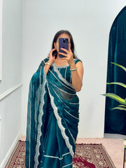 Fantastic Embroidery Zari Work Teal Blue Color Saree